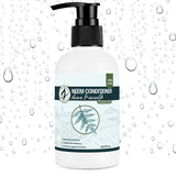 Neem conditioner bottle with pump on a white background with water droplets