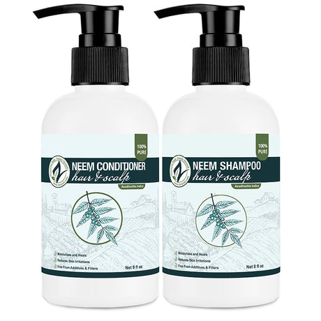 Two bottles of Neem shampoo and conditioner on a white background