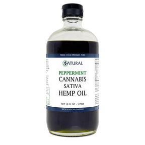 Bottle of peppermint cannabis sativa hemp oil with a label on a white background