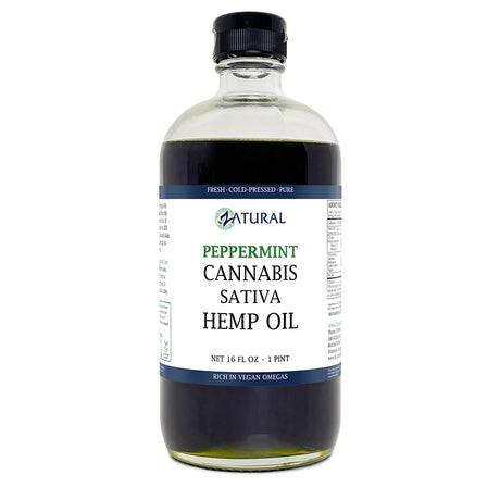Bottle of peppermint cannabis sativa hemp oil with a label on a white background