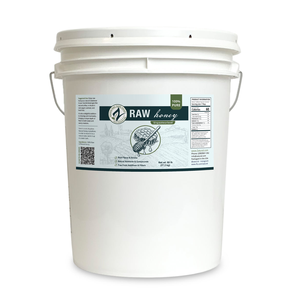 White bucket of raw honey with a label on a white background