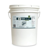 White bucket of raw honey with a label on a white background