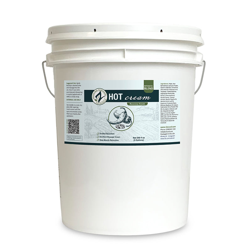White bucket labeled 'HOT cream' on a white background