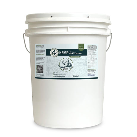 White bucket labeled 'Hemp Hot Cream' on a white background