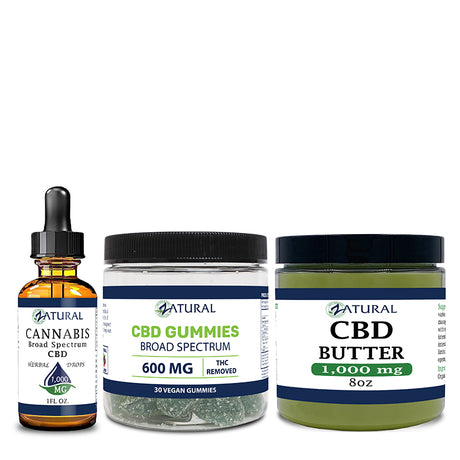 CBD oil 1000mg, gummies 30 count, and CBD butter 1000mg