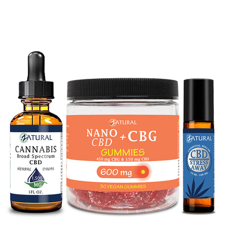 Zatural CBD Stress Bundle of CBD Oil 1500mg, CBG Gummies 600mg, and CBD Stress Away
