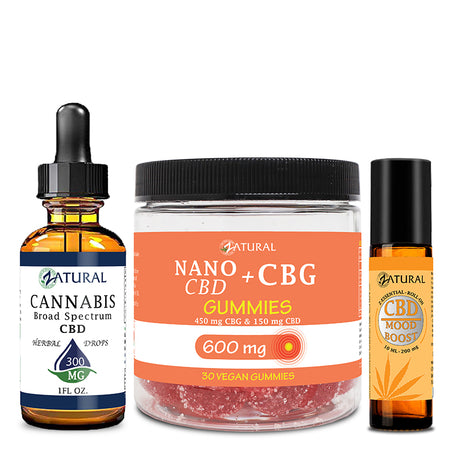 Zatural CBD Stress Bundle of CBD Oil 300mg, CBG Gummies 600mg, and CBD Mood Boost