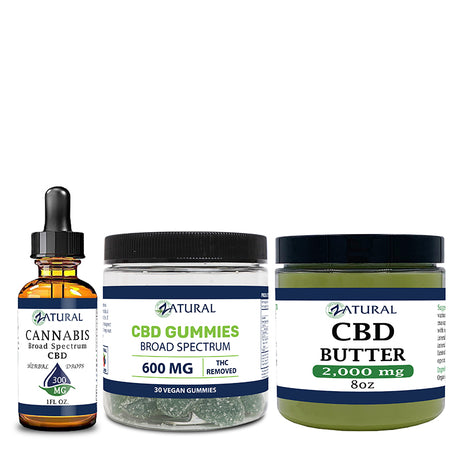 CBD oil 300mg, gummies 30 count, and CBD butter 2000mg
