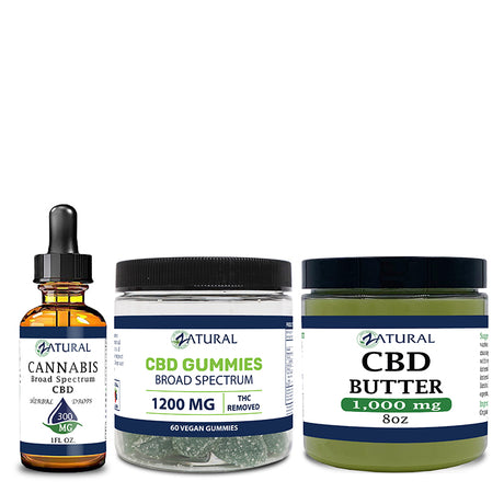 CBD oil 300mg, gummies 60 count, and CBD butter 1000mg