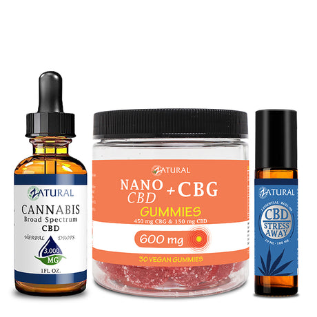 Zatural CBD Stress Bundle of CBD Oil 3000mg, CBG Gummies 600mg, and CBD Stress Away