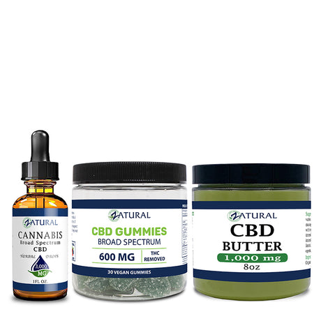 CBD oil 3000mg, gummies 30 count, and CBD butter 1000mg