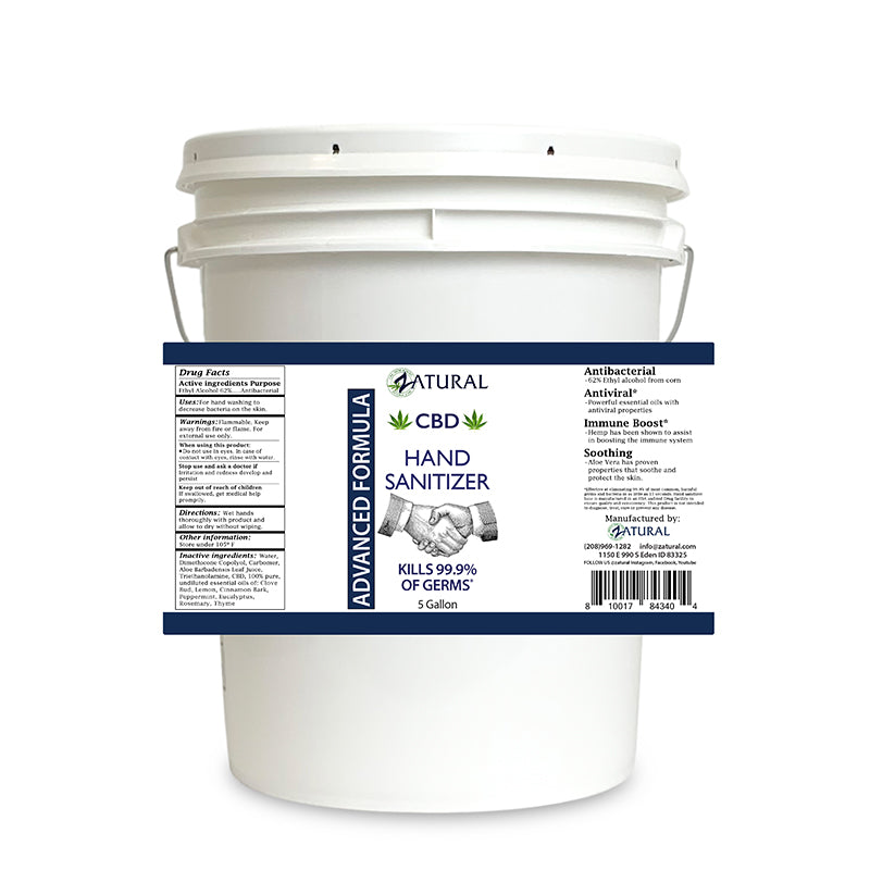 Zatural CBD Hand Sanitizer 5 Gallon Bucket with label