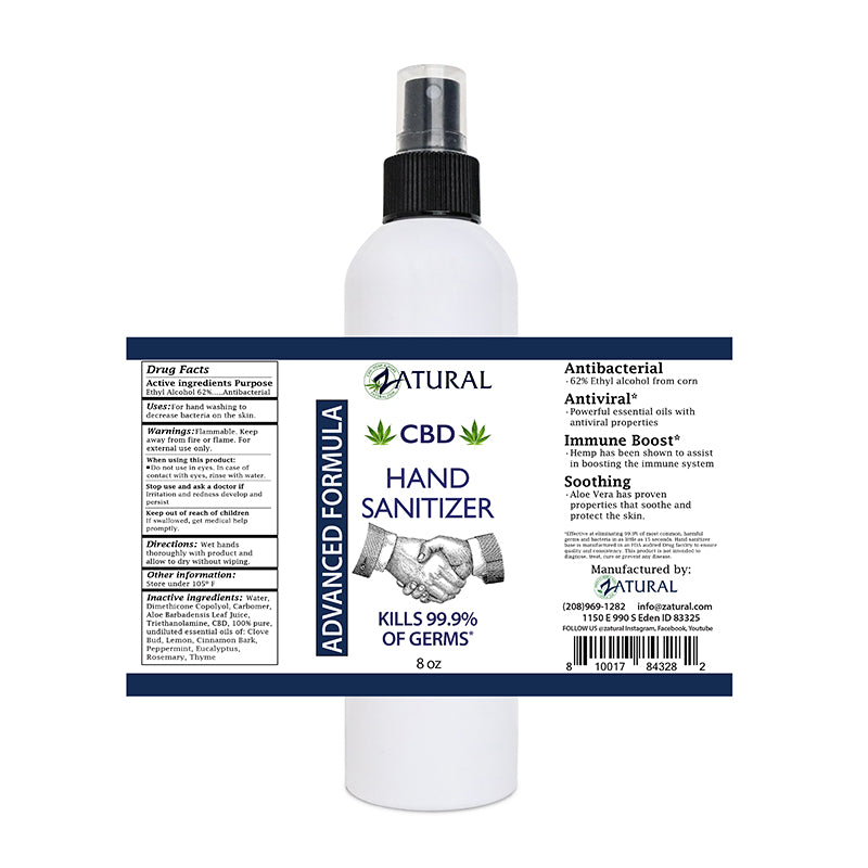 Zatural CBD Hand Sanitizer 8oz Spray Label