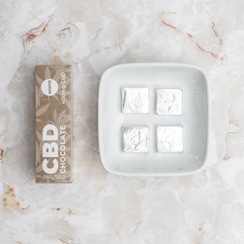 Zatural CBD White Chocolate with Squares on Plate