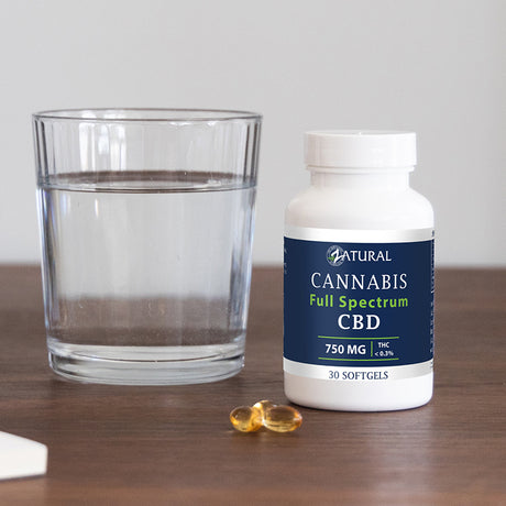 Full Spectrum CBD Softgels near a glass of water