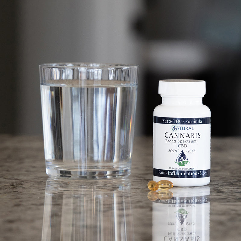 CBD Softgels 300 mg on table next to a glass of water