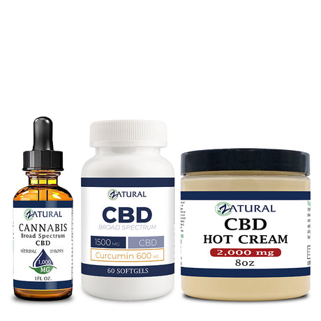 Broad Spectrum CBD Oil 1000mg, Hot Cream 2000mg, and CBD Softgels 600mg