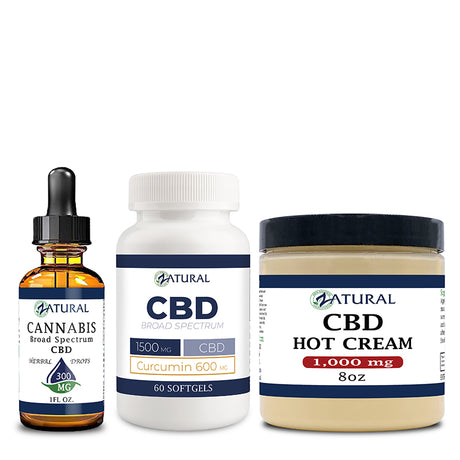 Broad Spectrum CBD Oil 300mg, Hot Cream 1000mg, and CBD Softgels 600mg