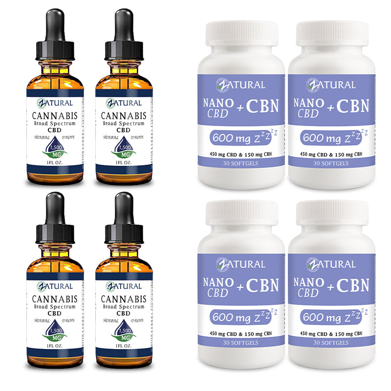 Day and Night Bundle Four Pack Broad Spectrum CBD Oil 1500mg and CBN Softgels 600mg