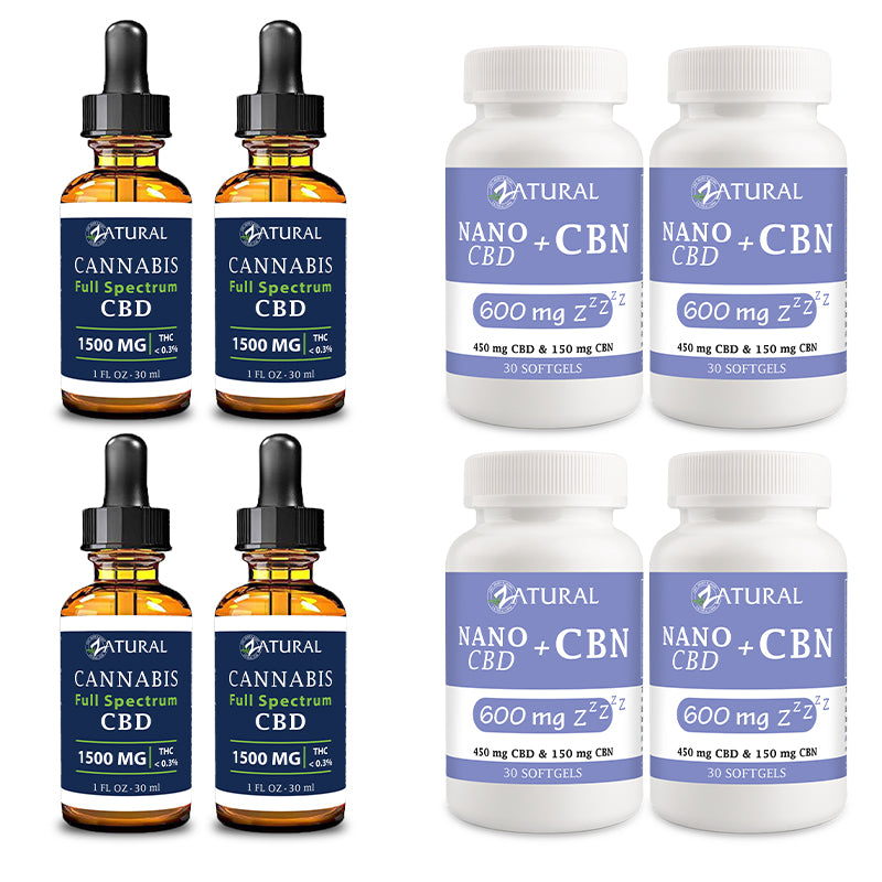 Day and Night Bundle Four Pack Full Spectrum CBD Oil 1500mg and CBN Softgels 600mg