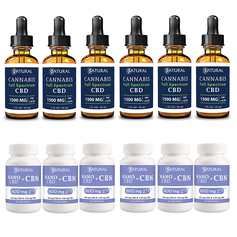 Day and Night Bundle Six Pack Full Spectrum CBD Oil 1500mg and CBN Softgels 600mg