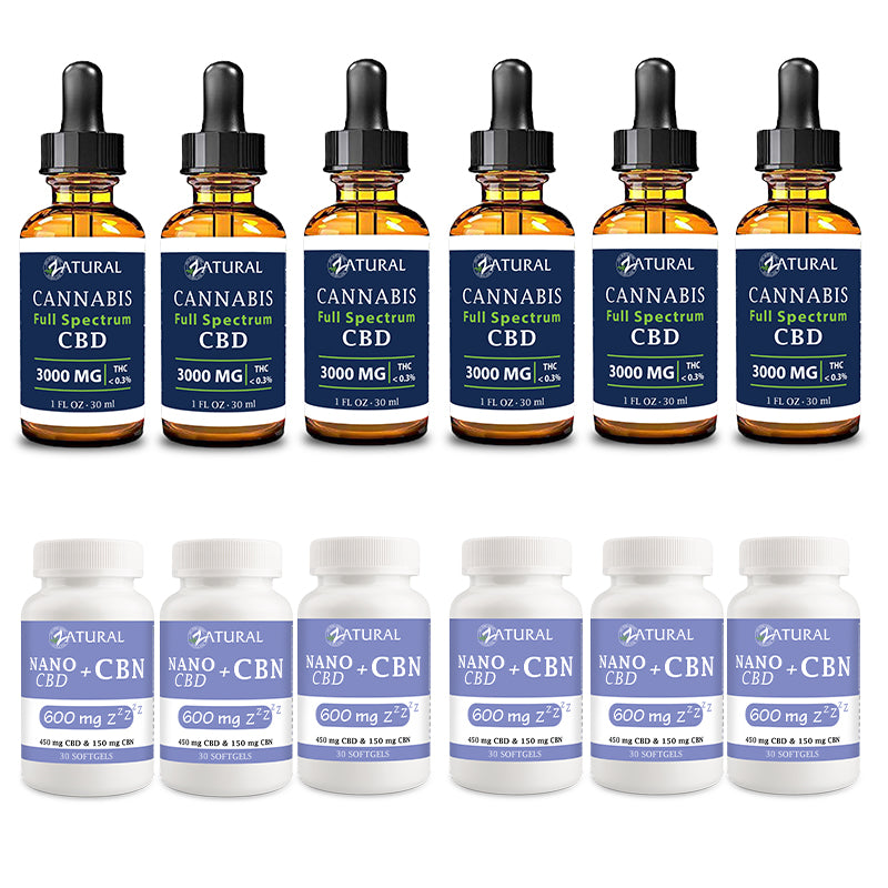 Day and Night Bundle Six Pack Full Spectrum CBD Oil 3000mg and CBN Softgels 600mg