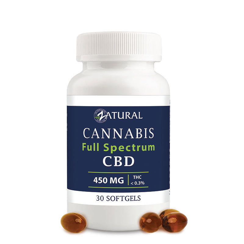 Full Spectrum CBD Softgels 450mg with softgels on the outside