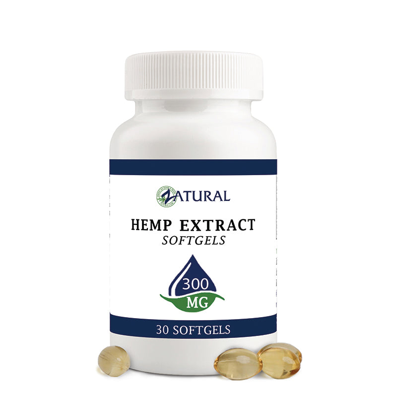 Zatural Hemp Extract Softgels with softgels outside the bottle