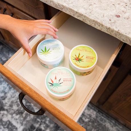 Hempy Body Butters in a drawer