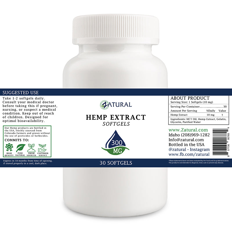 Zatural Hemp Extract Softgels 300mg Label