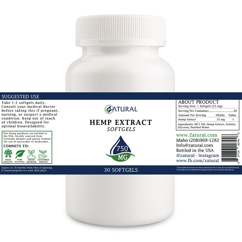 Zatural Hemp Extract Softgels 750mg Label