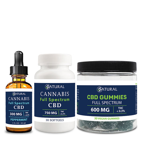 Zatural Full Spectrum Bundle Peppermint CBD Oil 300mg, Softgels 750mg, and Gummies 600mg