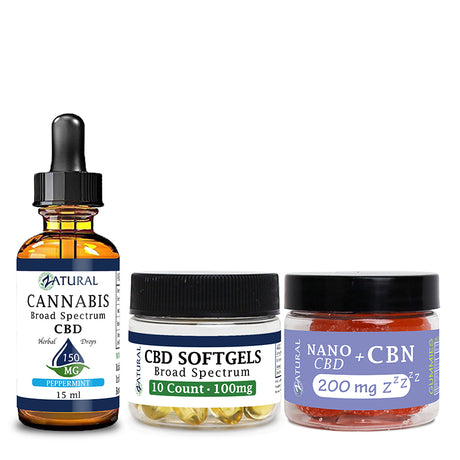 Peppermint CBD Oil Tincture 150mg, CBD Softgels 100mg, and CBN Gummies 200mg