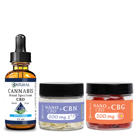 Peppermint CBD Oil Tincture 150mg, CBN Softgels 200mg, and CBG Gummies 200mg