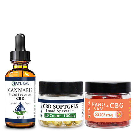 Natural CBD Oil Tincture 150mg, CBD Softgels 100mg, and CBG Gummies 200mg