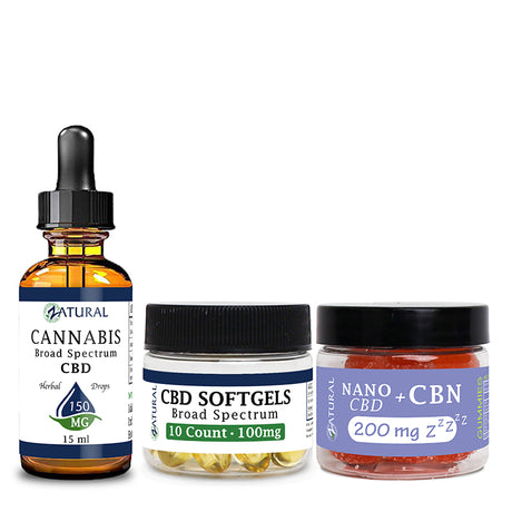 Natural CBD Oil Tincture 150mg, CBD Softgels 100mg, and CBN Gummies 200mg