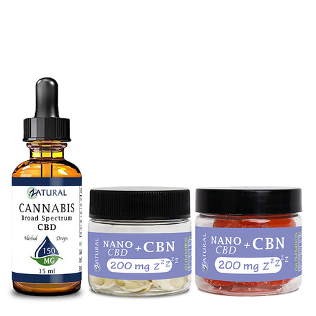 Natural CBD Oil Tincture 150mg, CBN Softgels 200mg, and CBN Gummies 200mg
