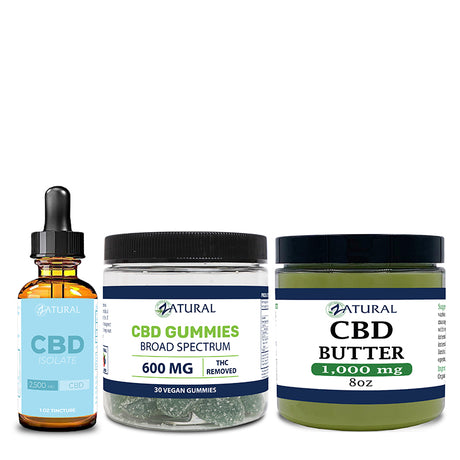 CBD Isolate oil, gummies 30 count, and CBD butter 1,000mg