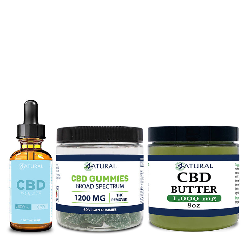 CBD Isolate oil, gummies 30 count, and CBD butter 2,000mg